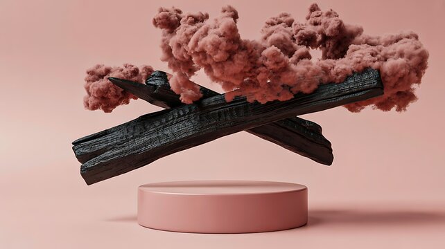 Abstract floating wooden beams with colorful smoke on pastel background
