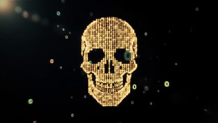 Digital Skull Made of Binary Code and Data Points Representing Cyber Security Threats Hacking and Online Danger in a Dark Abstract Environment with Floating Numbers. - Powered by Adobe