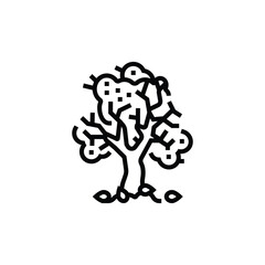 A black and white line drawing of a stylized tree with rounded leaves and branches