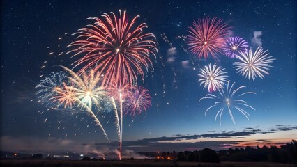 Spectacular Fireworks Over City Skyline at Dusk, Celebration Lights Across the Night Sky