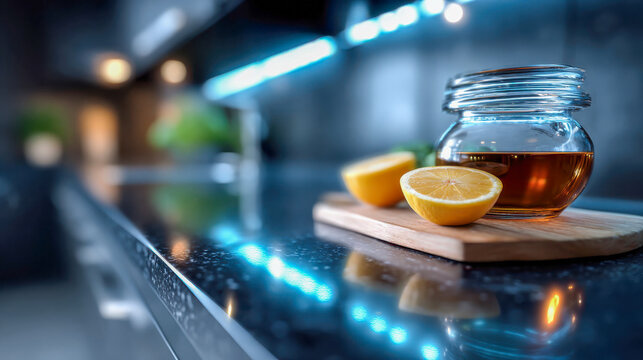 Glass jar of honey beside halved lemons on a cutting board, illuminated by cool modern kitchen lighting