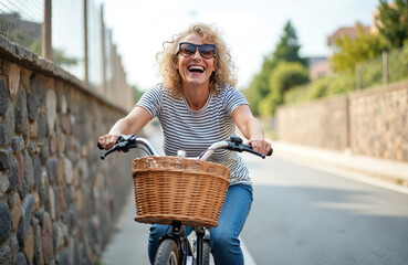 Happy woman with blonde curly hair rides a bicycle with a basket in a city. She wears sunglasses and a striped shirt, smiling broadly. Casual outdoor lifestyle.