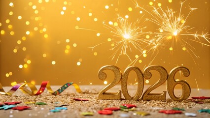 Golden 2026 New Year Celebration With Sparkles, Confetti, and Festive Glow for Stock