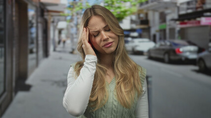 Fototapeta premium Blonde woman with long hair clutches head in pain on urban street; headache stress discomfort fatigue.