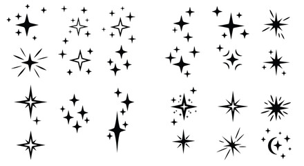 Collection of various black star shapes and sparkling glitter effects