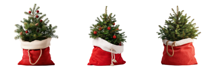 Christmas tree surprise unveiled in festive red bag charming indoor setting holiday spirit transparent background	
