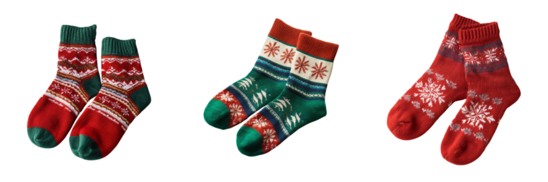 Cozy christmas socks festive living room product photography warm atmosphere close-up view transparent background	

