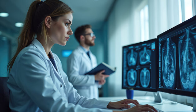 Two medical professionals analyze scan results on computer screens in a modern hospital office. One doctor types, another holds a book and looks thoughtfully at imaging data.