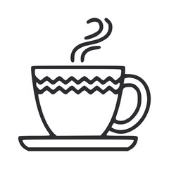 A black outlined illustration of a steaming cup of coffee atop a saucer