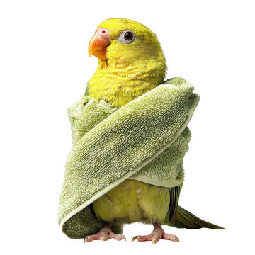 A yellow parakeet wrapped in a green towel, standing on a white background.