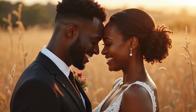Newlywed couple shares tender moment in field at sunset. Black man in suit, woman in wedding dress, smiling, forehead touching. Love and happiness conveyed. - Powered by Adobe