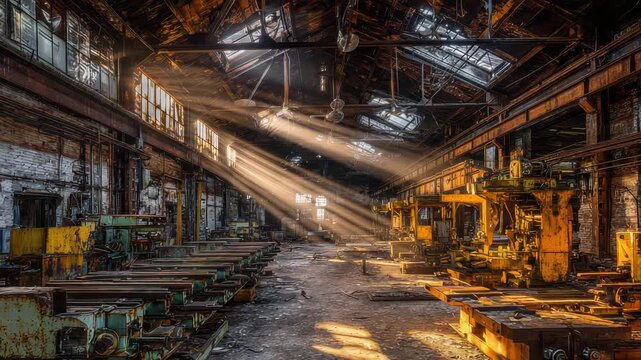 Abandoned Industrial Warehouse Interior With Rows Of Vintage Machinery And Dramatic Sunbeams Piercing Through The Damaged Roof And Windows