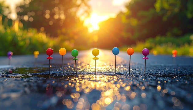Colorful Push Pins Reflecting Sunlight on Wet Surface.