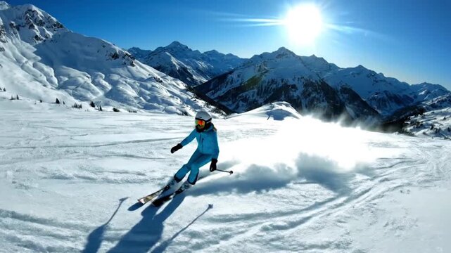 A skier in blue suit skiing down a snowy mountain with mountains and bright sky in the background
