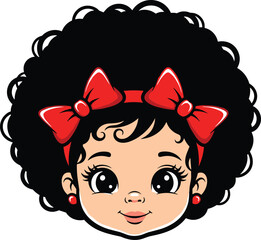Cartoon child face, curly afro hairstyle, red headband with bows, expressive eyes, playful portrait vector, cute character illustration, clipart