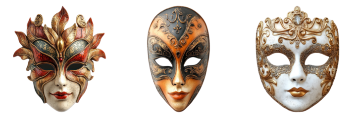 Three elegantly designed carnival masks with unique facial features and intricate patterns