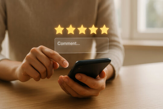 Person Using Smartphone to Leave a Five Star Review with Comment Box Overlay mobile phone hand