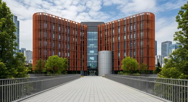 Modern Futuristic Architecture Curved Copper Facade Building with Lush Greenery and City Skyline