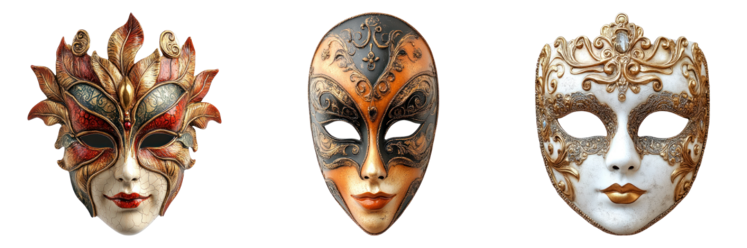Three elegantly designed carnival masks with unique facial features and intricate patterns