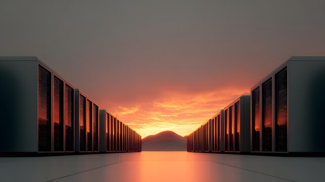 Rows of server racks reflect vibrant sunset colors against a mountainous horizon