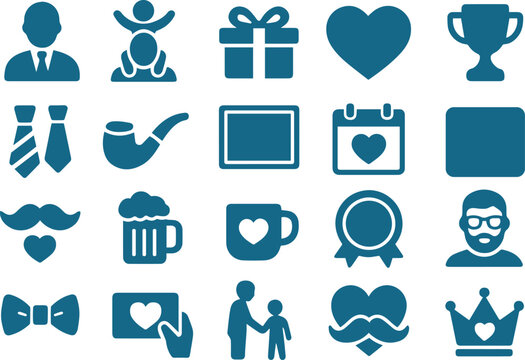 Fathers day icon set isolated on white background, featuring symbols of love, appreciation, and celebration for dads in a simple black silhouette style