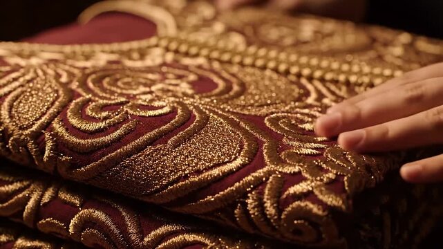A Delicate Hand Touching Richly Embroidered Red and Gold Fabric.