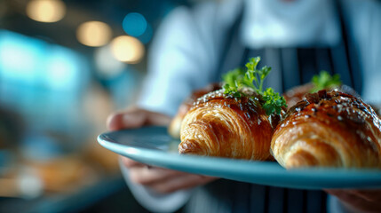 Close-up of golden croissants with herbs served on a blue plate in a bakery
