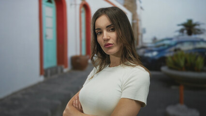 Woman crossing her arms near a pastel building facade on sunlit street corner, pouting lips and sideways glance; rejection.