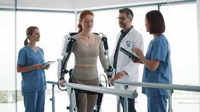 Young adult patient in white and metallic robotic exoskeleton takes slow steps with parallel bars, guided by a healthcare professional in a white lab coat, in a bright modern rehabilitation clinic