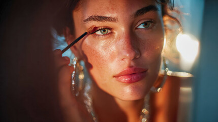 Close-up portrait of a woman putting on mascara, highlighting beauty, skincare, and morning makeup routine