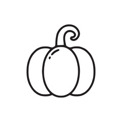 A black outline drawing of a pumpkin including its curved stem