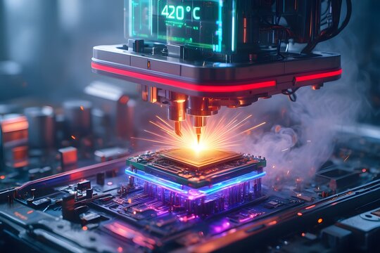 Advanced robotic arm precisely soldering a microchip on circuit board