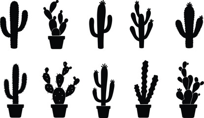 Cactus silhouette vector set, black potted cactus icons, desert plant clipart, minimal succulent shapes, botanical graphic for decoration, print, design