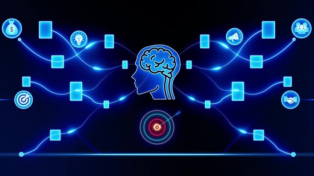Digital Brain Network with Target and Arrow Icons on Black Background head profile
