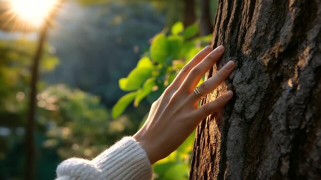 Faceless person gently touching a tree trunk with sunlight illuminating their hand, symbolizing connection, care, and ecological consciousness, with copy space