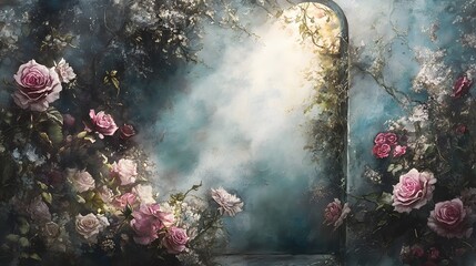 Lush pink roses frame an archway bathed in ethereal light against a moody blue backdrop