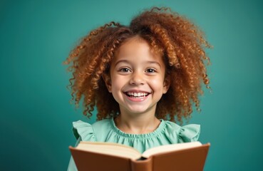 Smiling little african girl reading book. Cute kid holding textbook and studying. Happy pupil with curly hair against green background. Back to school concept. Early education. Preschooler learning.