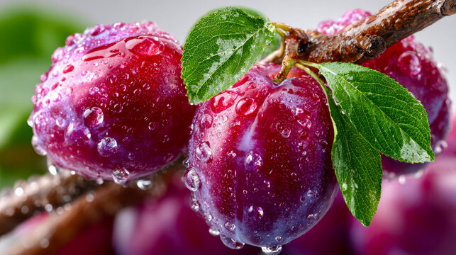 Juicy red plums with glistening water drops on a branch, representing natural sweetness and organic fruit growth