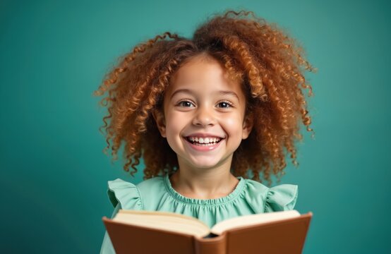 Smiling little african girl reading book. Cute kid holding textbook and studying. Happy pupil with curly hair against green background. Back to school concept. Early education. Preschooler learning.