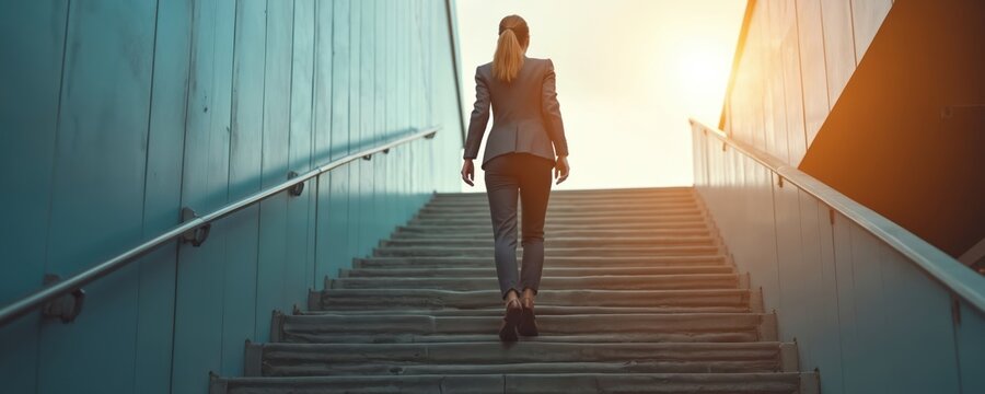 Woman in suit climbs outdoor stairs towards bright sunlit sky. She moves upward on steps, indicating career progress and ambition. Modern architectural design frames her journey.