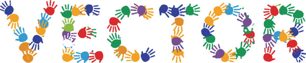 Colorful handprint typography forming VECTOR word, playful multicolor design for kids, education, creativity, diversity, school, art, fun, learning, unity