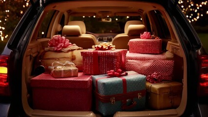 A beautifully arranged collection of colorful presents and gifts packed in the trunk of a car, illuminated by soft festive lights, creating a warm and joyful holiday atmosphere. - Powered by Adobe
