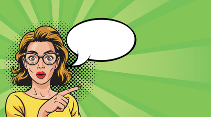 A beautiful, surprised woman wearing glasses gestures to the side. Colorful vector background in a retro comic pop art style.