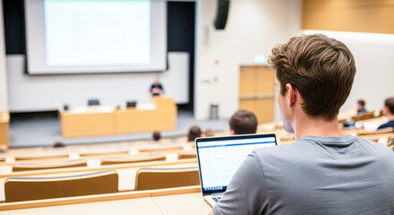 Student in classroom using laptop to take notes during lecture, with projector screen displaying educational content in modern learning environment