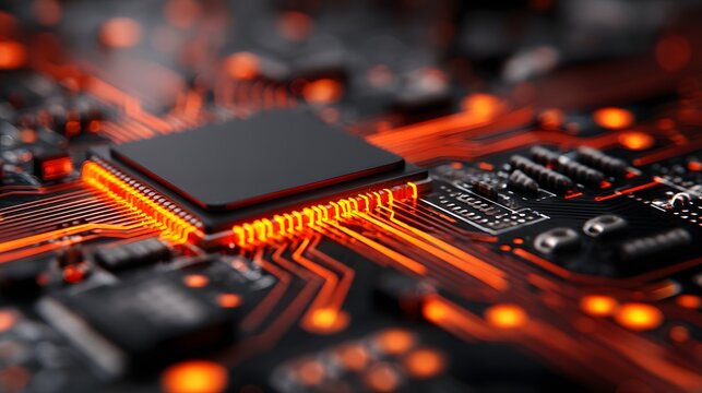 Close up view highlights glowing orange circuitry connecting to a central processing component on a circuit board