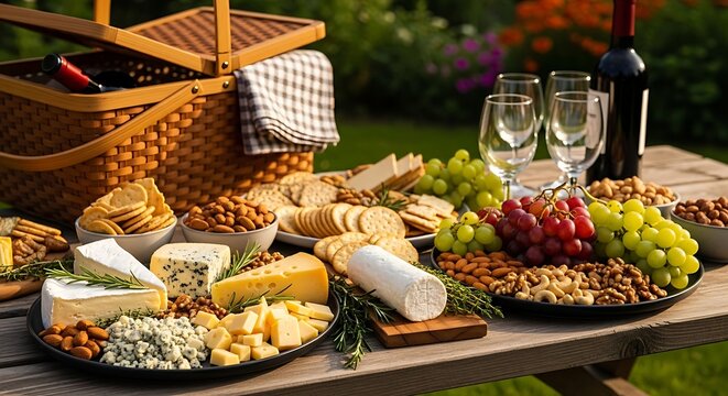 Elegant Outdoor Picnic with Cheese, Crackers, and Grapes on Wood Table - Powered by Adobe