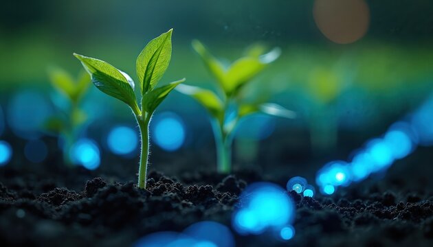 Seedlings grow with blue glowing lines concept. Plants sprout from soil with futuristic light. Tech enhanced growth, bio engineering. Represents scientific agriculture, nature, eco innovation in