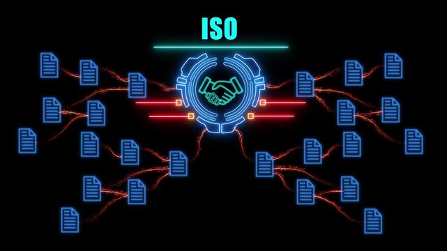 Business ISO strategy flowchart icons glowing neon blue on black background concept