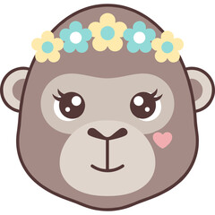 Cute Gorilla Face Vector Icon with Flower Crown and Transparent Background