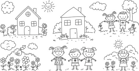 Happy children, outdoor play, cartoon village, smiling sun, cute houses, spring flowers, cheerful scene, black and white line drawing, fun kids illustration